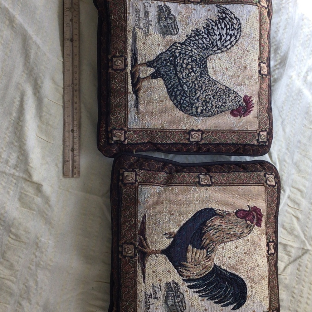 Rooster Tapestry Throw Pillow Pair - Beige, Navy, Burgundy